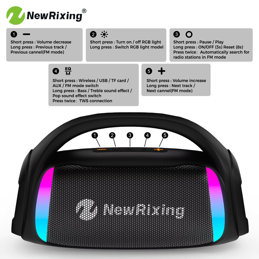 NewRixing Tragbarer 50 W Funklautsprecher mit Subwoofer, RGB-Leuchten, TWS und integriertem Mikrofon in Schwarz oder Blau - Bild 4