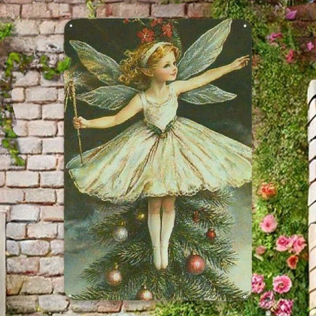HELLOYOUNG Vintage-Fee Metallblechschild für die Wand, Engel-Motiv in Mehrfarbig, Rustikale Dekoration für Weihnachten, B/H: 20,3 x 30,5 cm - Bild 1