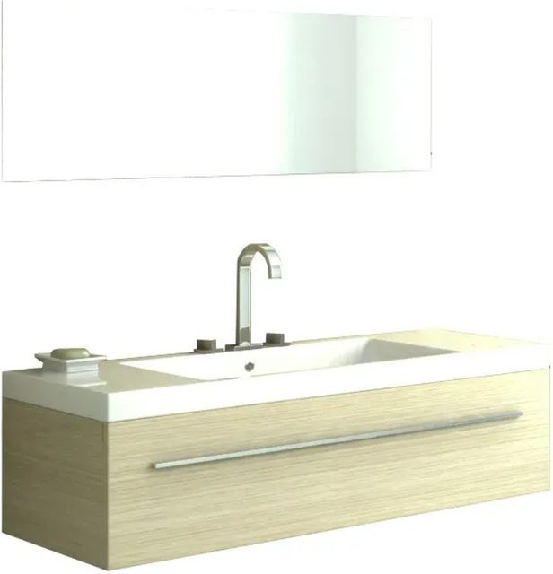 Jet-Line Badset Bern in Holzoptik Hellbraun mit Waschbecken aus Mineralguss, Spiegel und Armatur, Breite: 119 cm, Tiefe: 47 cm, Höhe: 122 cm - Bild 1