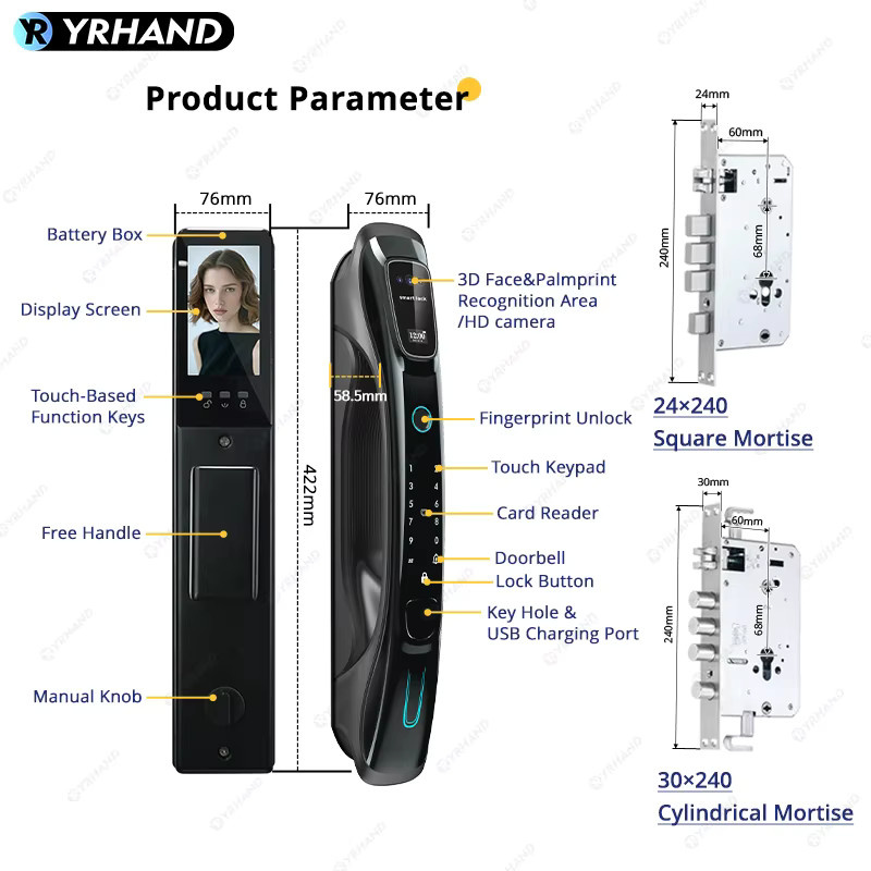YRHAND Intelligentes Türschloss in Schwarz mit 3D-Gesichtserkennung, Handvenen- und Fingerabdruckerkennung, WLAN, App-Fernsteuerung und Video-Gegensprechanlage - Bild 5
