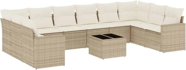 vidaXL 11-tlg. Garten-Sofagarnitur in U-Form aus Polyrattan mit Kissen in Beige - Bild 1