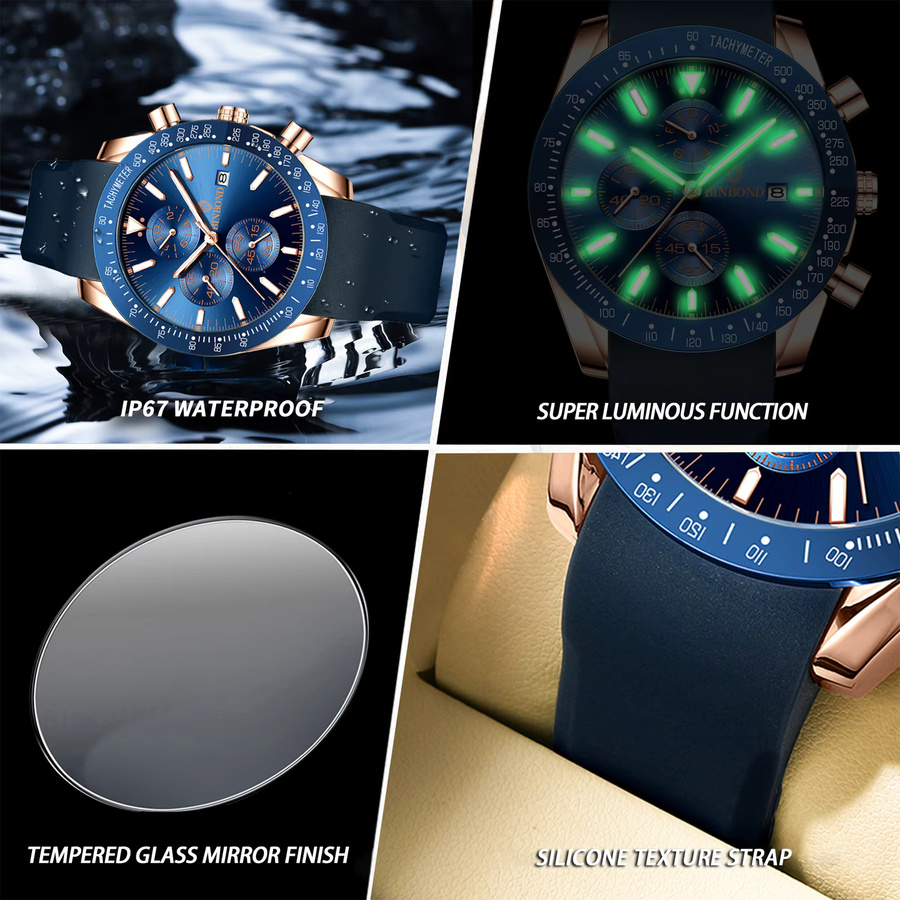 BINBOND Chronograph, Automatik, Datum, Leder, Blau, Herren - Bild 6