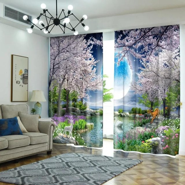 2er Set Mond und Kirschbaum Vorhänge in Weiß mit Haken für Wohnzimmer und Schlafzimmer, Boho Dekoration, B: 60 cm x H: 60 cm pro Stück - Bild 1