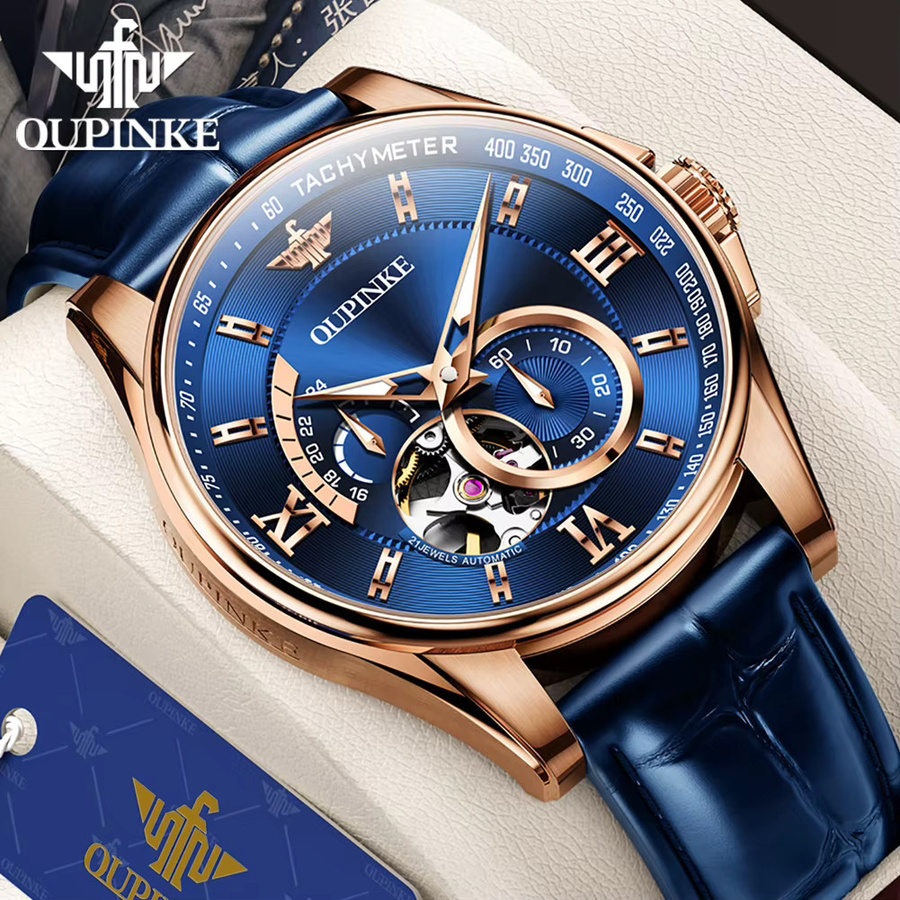 OUPINKE Automatikuhr, Herren, Leder, Blau, Roségold, Bicolor - Bild 2