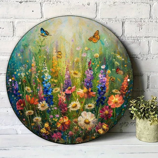 JESSLY Vintage Wandkunstschild aus Metall mit Schmetterling und Blumen in Mehrfarbig, Rundes Aluminium-Dekor für Wohnzimmer und Schlafzimmer - Bild 1