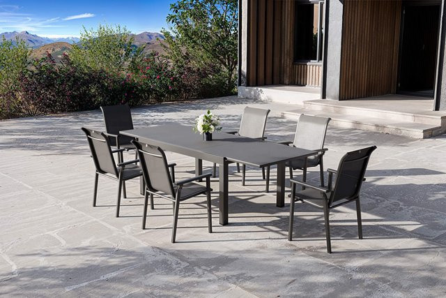 Kettler BasicPlus Pro Garten-Essgruppe in Anthrazit Matt und Schwarz aus Aluminium, Textilene und Spraystone mit ausziehbarem Tisch und 6 Stapelsesseln, Tisch B/T/H: 160 x 100 x 76 cm bis 260 x 100 x 76 cm - Bild 1