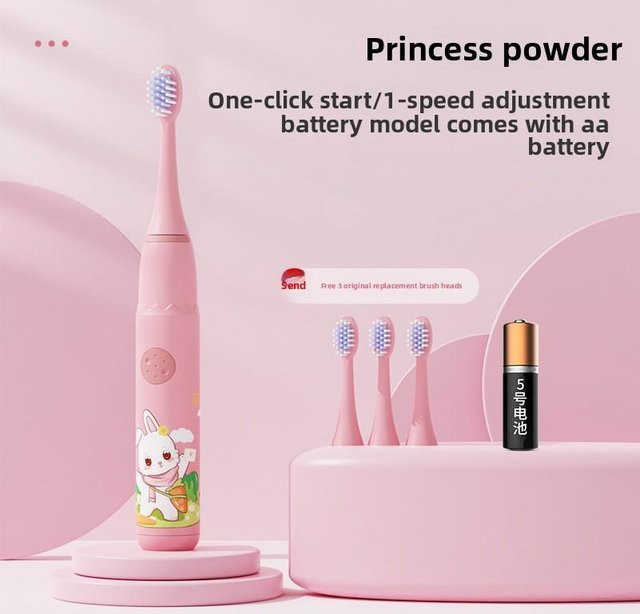 Binchi Outdoor Equipment Elektrische Schallzahnbürste für Kinder mit Cartoon-Design, Weichborsten, wiederaufladbar, inklusive 3 Ersatzbürstenköpfen, Farben: Blau, Pink, Grün, Lila, Weiß - Bild 1