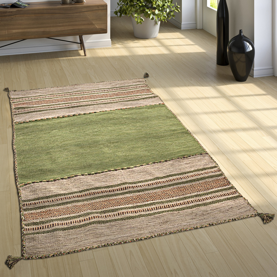 Handwebteppich Kilian grün Boho-Stil aus Baumwolle, B/T: 200 x 290 cm - Bild 2