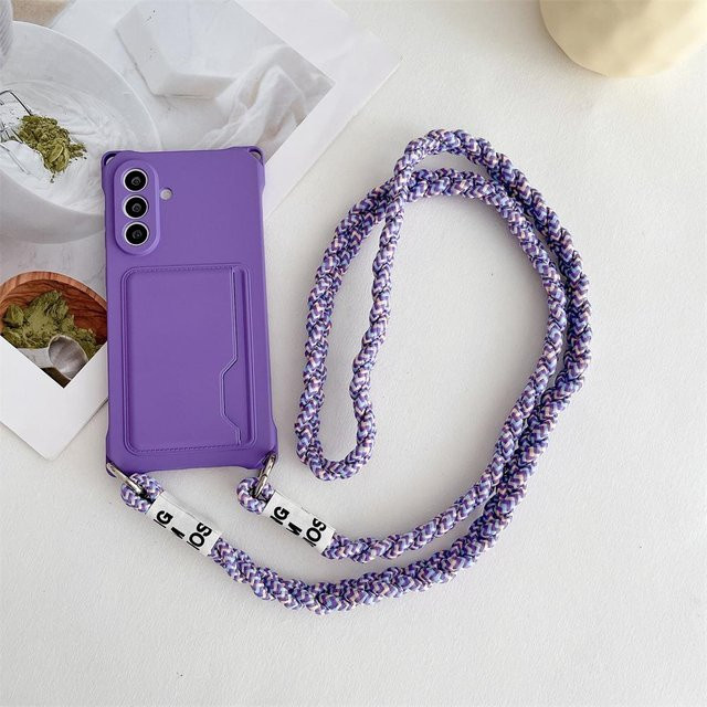 Samsung Silikonhülle mit Kartenfach und geflochtenem Lanyard für Galaxy S26 S25 S24 S23 S22 S21 Ultra FE Plus Edge in Transparent und Purple - Bild 1