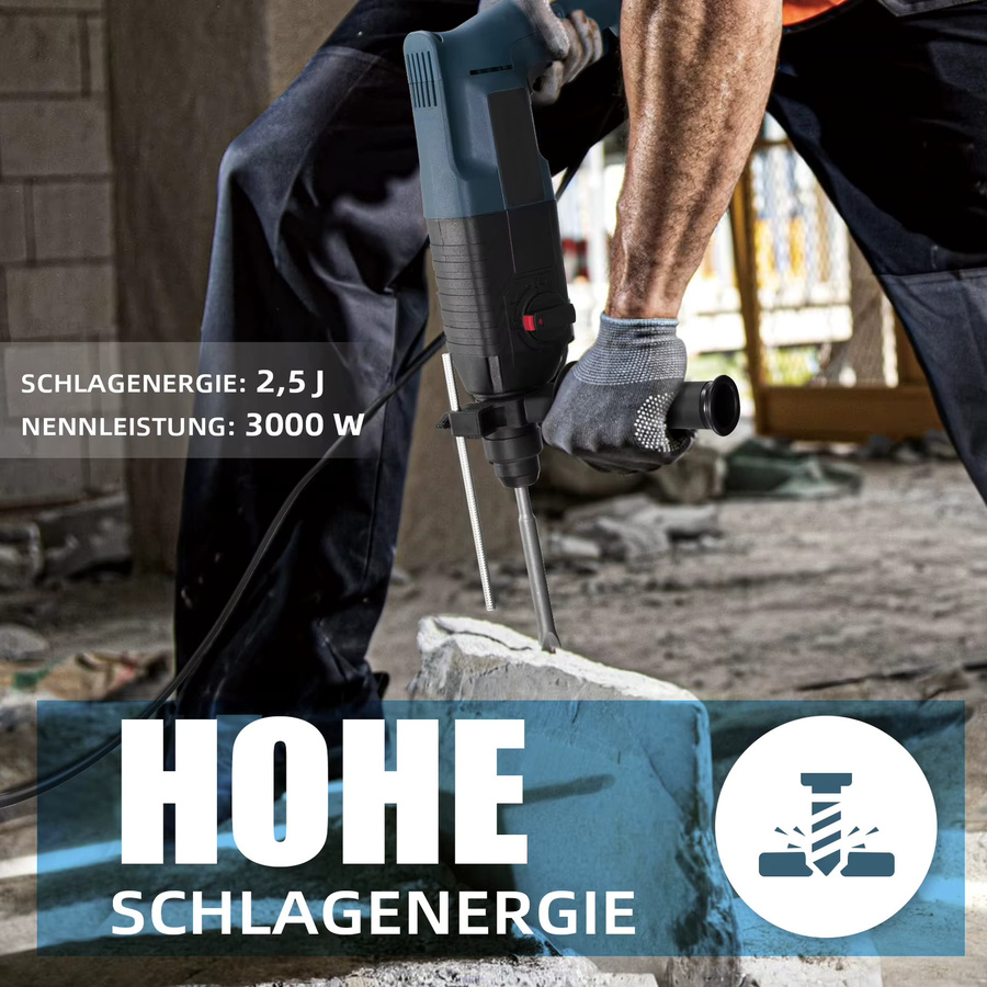 Elektrischer Bohrhammer mit 3000W und 4 Funktionen, SDS Plus Abbruchhammer in Blau inklusive Meißeln, Bohrer und Tragetasche - Bild 5