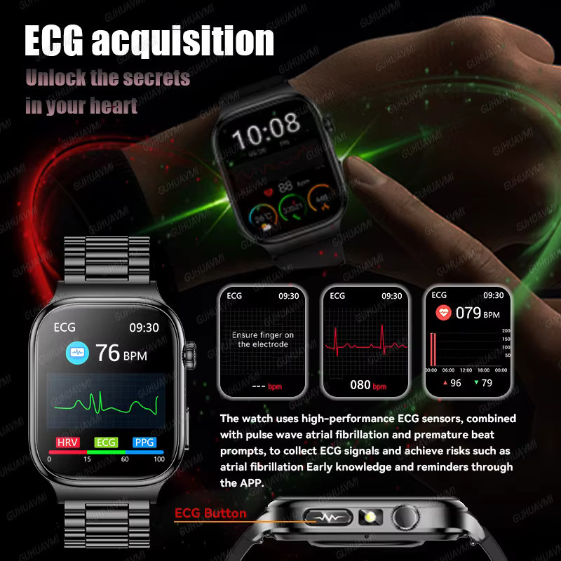 GUHUAVMI Smartwatch mit EKG, PPG, Blutdruck- und Harnsäuremessung sowie Bluetooth-Anruffunktion in Schwarz oder Blau - Bild 3