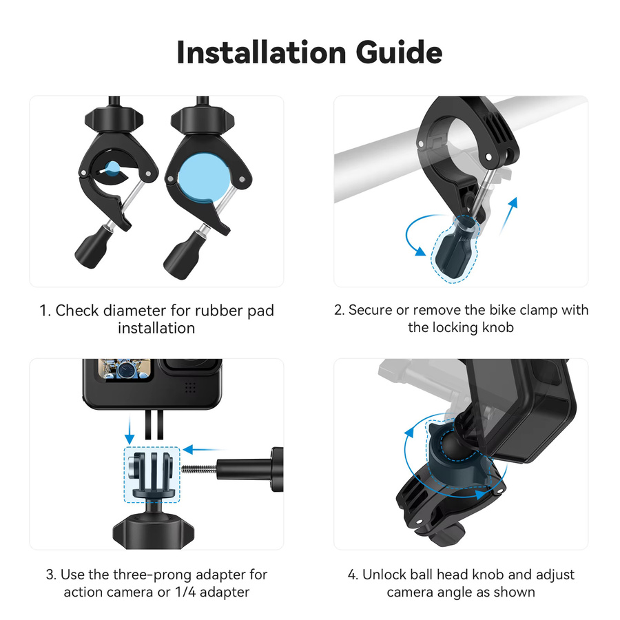 TELESIN Cycling Motorcycle Clip 360 Grad Super Clamp 1/4 Zoll Lochhalterung in Schwarz für GoPro, DJI OSMO Action und Insta360 Action Kameras - Bild 3