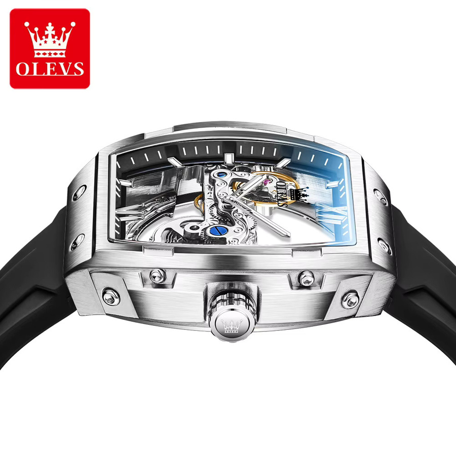 OLEVS Armbanduhr, Automatik, Skelett, Silikonarmband, Silber, Herren - Bild 3