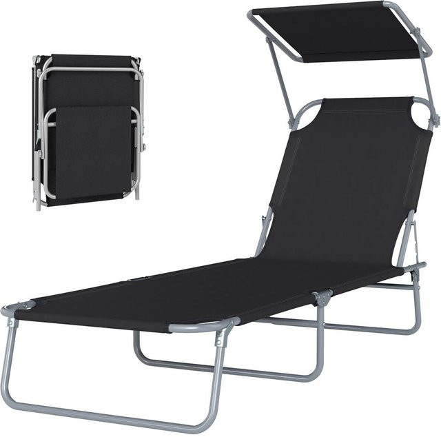 Outsunny Gartenliege aus Metall und Textilene in Schwarz mit Sonnenverdeck und verstellbarer Kopfstütze, B/T/H: 187 x 58 x 36 cm - Bild 1