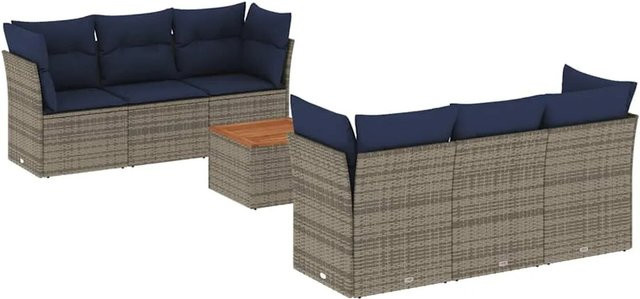 vidaXL 7-teilige Garten-Sofagarnitur aus Poly-Rattan und Akazienholz in Grau mit Kissen in Marineblau - Bild 1