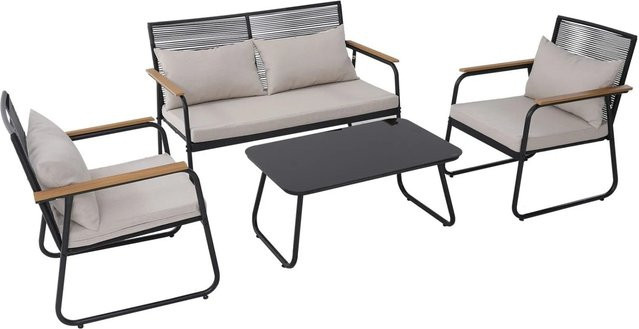 HOMAVO Gartenlounge Set für 4 Personen mit Couchtisch aus PE-Rattan und Kohlenstoffstahl in Grau - Bild 1