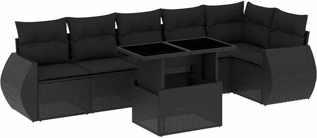 vidaXL 7-teilige Garten-Sofagarnitur in L-Form aus schwarzem Poly-Rattan mit Kissen und pulverbeschichtetem Stahlgestell - Bild 1