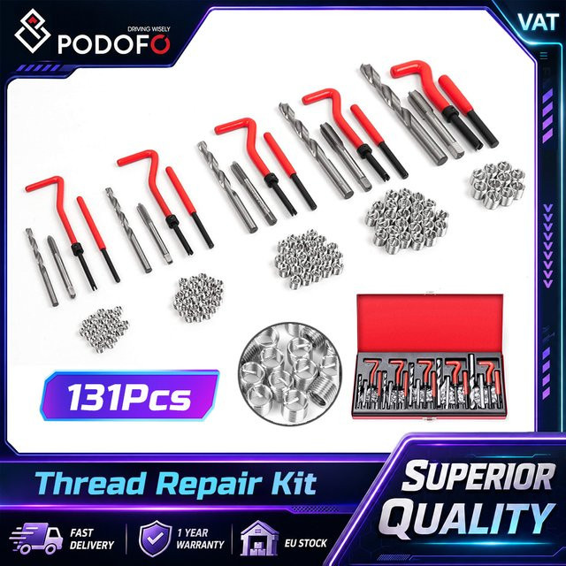 Podofo 131-teiliges professionelles Gewindereparaturset metrisch M5 M6 M8 M10 M12 im Helicoil-Typ zur Reparatur beschädigter Gewinde für Automobilmotoren - Bild 1