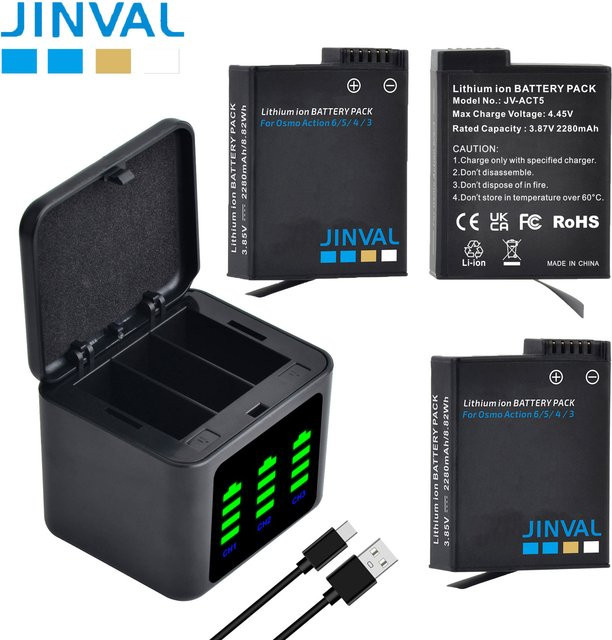JINVAL Akku-Set für DJI Osmo Action 5 und 6 inklusive Schnelles Dreifach-Ladegerät, 2280mAh, Schwarz - Bild 1