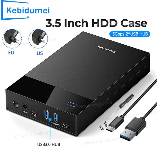 Kebidu Externes HDD-Gehäuse USB 3.0 zu SATA für 2,5 und 3,5 Zoll Festplatten mit 2-Port USB 3.0 Hub, Schwarz, bis zu 20 TB Unterstützung - Bild 1
