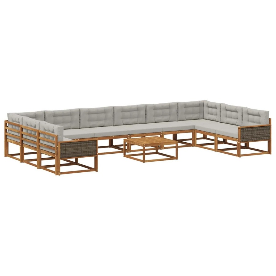 vidaXL Outdoor-Sofagarnitur aus massivem Akazienholz in U-Form mit 11 Kissen, Farbe: Natur und Hellgrau - Bild 2