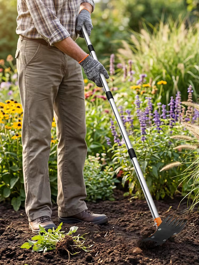 Adifare 2-in-1 Gartenhacke und Unkrautrechen mit verstellbarem langem Stiel, Bodenkultivator und Unkrautentferner für Garten und Rasen - Bild 5