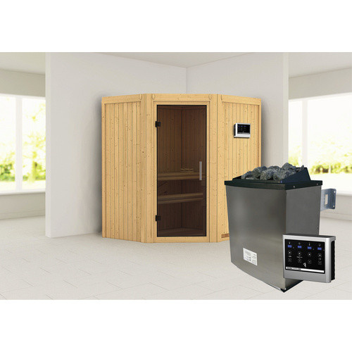 Karibu Sauna Narva in Beige mit 9 kW Saunaofen und externer Steuerung für 3 Personen, B: 198 cm, T: 170 cm, H: 151 cm - Bild 2