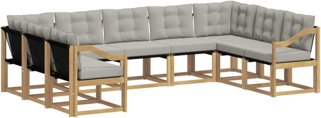 vidaXL Outdoor-Sofagarnitur L-Form aus Akazienholz und Textilene in Weiß-Hellgrau mit Kissen und Armlehnen - Bild 1