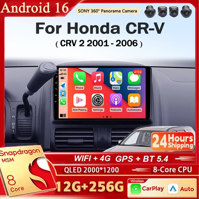TIEYEZ Android 16 Auto-Multimedia-Videoplayer für Honda CR-V CRV 2 (2001 - 2006) mit Carplay, GPS, QLED Display und 360 Kamera, Schwarz - Bild 1