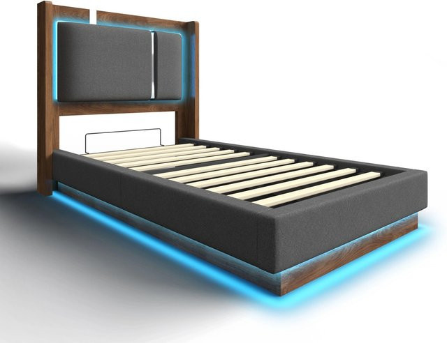 Merax Jugendbett mit LED-Unterbettbeleuchtung und Hydraulik-Bettkasten in Grau, B/T/H: 90 x 200 x 106 cm - Bild 1