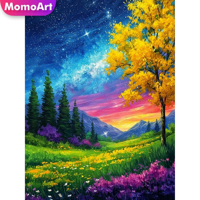 Momoart Diamant-Mosaik Landschaft mit Baummuster und Bergen als Kreuzstich-Kunstgemälde für Erwachsene und Anfänger, Multicolor, B/H: 30 x 20 cm - Bild 1