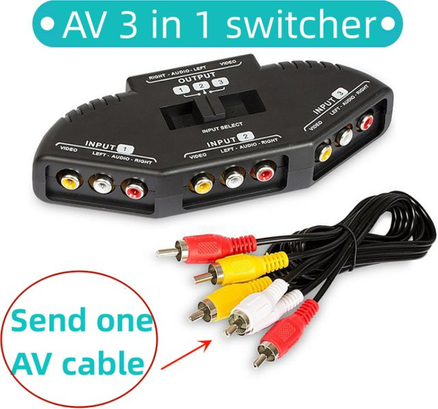 BSN 3-Wege Audio Video AV RCA Schalter Box Splitter mit RCA Kabel in Schwarz - Bild 1