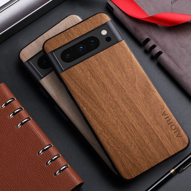 Handyhülle aus PU-Leder mit Bambus-Holzmuster für Google Pixel 8 7 6 5 Pro 8A 7A 6A 5A 4A in Braun und Weiß - Bild 1
