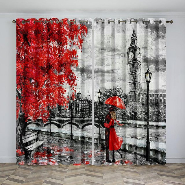 Romantische Paris Eiffelturm Malerei Vorhänge mit Ösen, 2er-Set, Farbe Rot, B: 50 cm, H: 130 cm - Bild 1