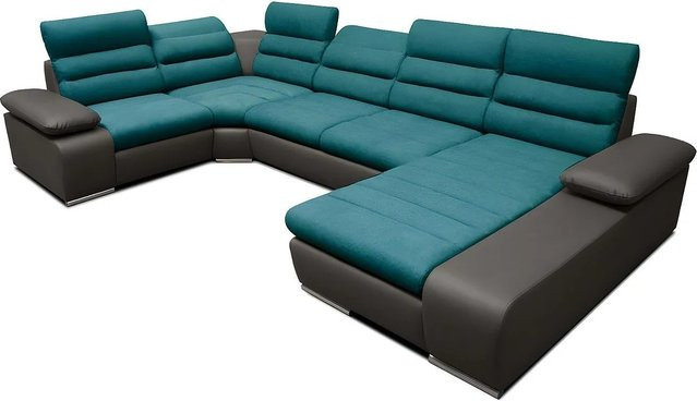 Vente-unique Schlafsofa Boileau in Anthrazitgrau und Türkisblau mit L-Form und Schlaffunktion, Breite: 362 cm - Bild 1