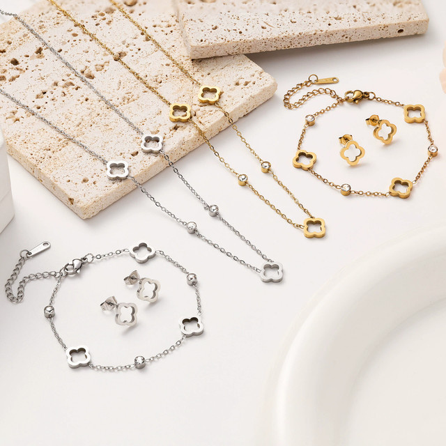 LISM Schmuck-Set Kleeblatt-Blumen, Edelstahl, Zirkonia, Damen - Bild 1