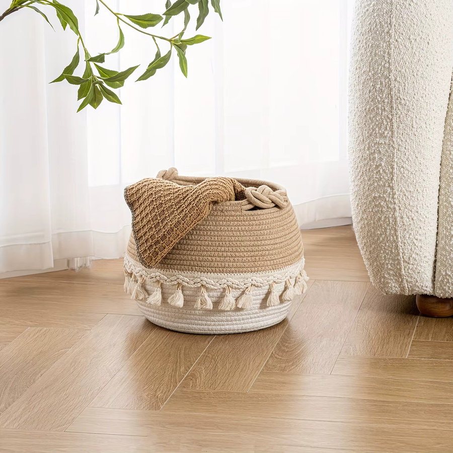 Zuijia Shenghuo Boho-Aufbewahrungskorb aus Baumwollseil mit Quaste in Beige zum Organisieren von Kleidung und Spielzeug - Bild 2