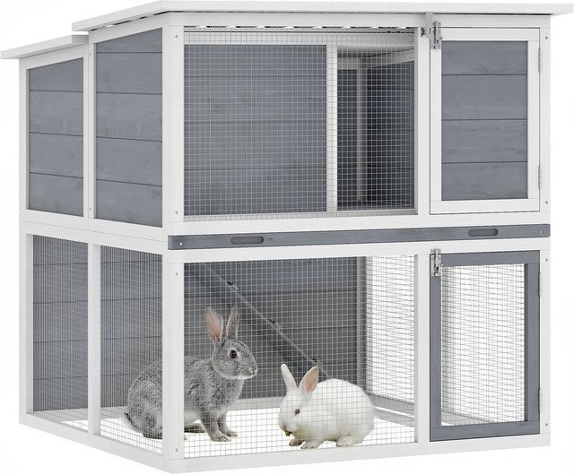 PawHut Hasenstall aus Tannenholz mit 2 Etagen und wetterfestem aufklappbarem Dach - Bild 1