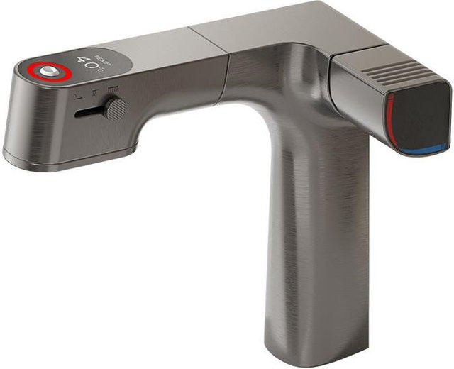 Yiran Furniture Waschtischmischer mit herausziehbarer Brause und integriertem Wasserfilter aus Messing in Grau mit LED-Temperaturanzeige - Bild 1