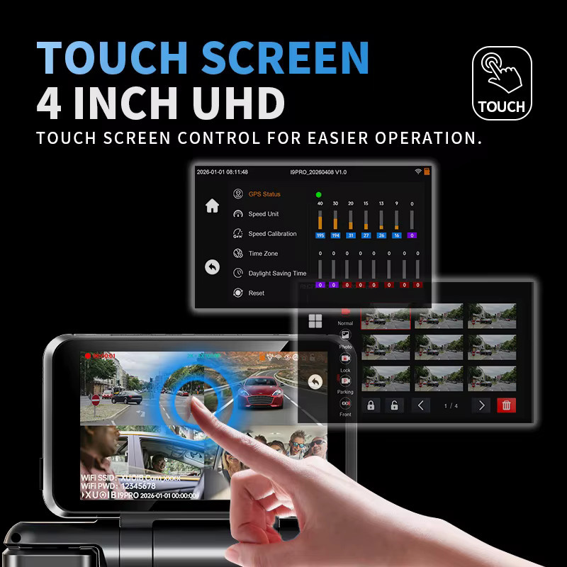 XUOIB i9pro-WB 4 Kanal 360° Dashcam in 4K mit 4 Zoll Touchscreen, GPS, WiFi und 8 IR-Nachtsicht, Schwarz - Bild 4