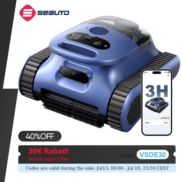 Seauto Roboter-Poolreiniger Blau mit Wandkletterfunktion und Akku für bis zu 210 Minuten Laufzeit - Bild 1