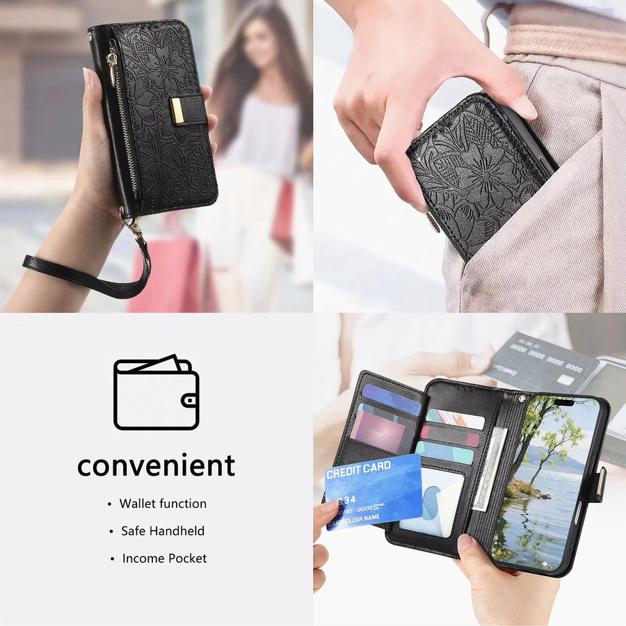 Blumenmuster Handyhülle aus PU-Leder für Samsung Galaxy S25 Plus, S24, S23 Ultra, S22 und S25 Plus als Flipcase-Geldbörse mit Kartenfach, Reißverschluss und Lanyard in Schwarz - Bild 2