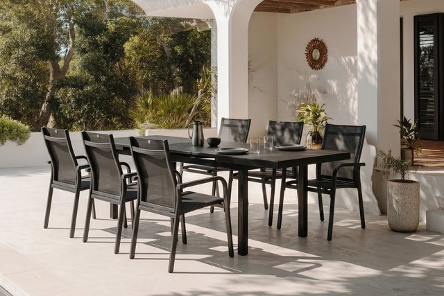 Kettler BasicPlus Garten-Essgruppe aus Aluminium und Textilene in Anthrazit mit ausziehbarem Tisch und 6 Stapelsesseln, Tisch B: 180-240 cm, T: 100 cm, H: 76 cm - Bild 1