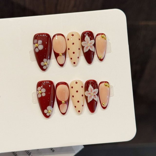 YADORNOS Press on Nails, rot, 3D Blütenblätter Design, glänzend - Bild 1
