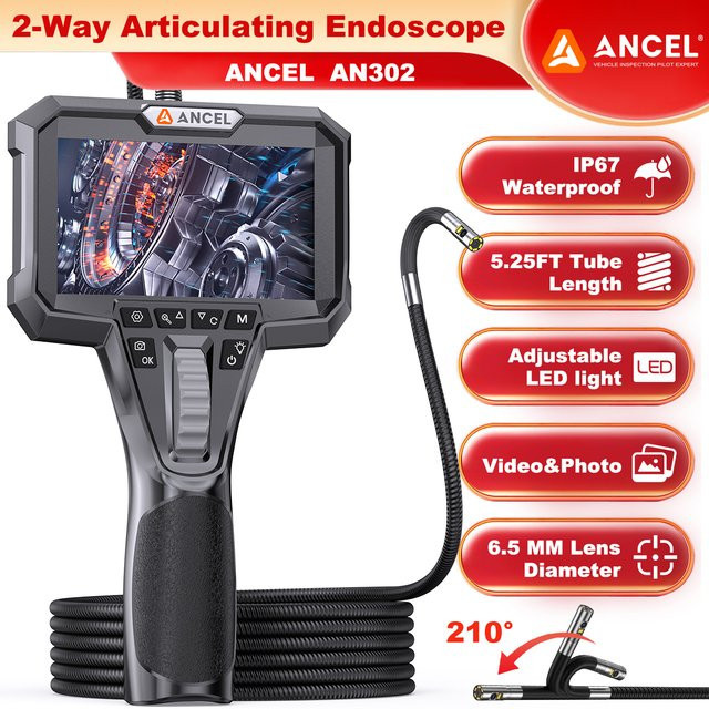 Ancel AN302 Industrie-Endoskopkamera mit 720P HD Dual-Objektiv, 4,3-Zoll-IPS-Bildschirm, 6,5 mm IP67 wasserdichtem Kopf und 1,6 m halbstarrem Kabel in Schwarz - Bild 1