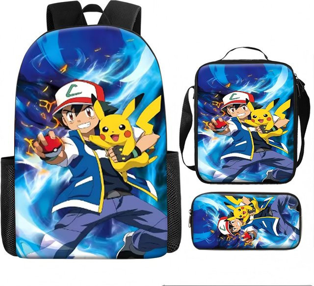 Potdemiel Pokémon Kindertaschen-Set mit Satoshi und Pikachu, 3-teiliges Rucksack-Set mit Lunchbox und Federmäppchen, bunt - Bild 1