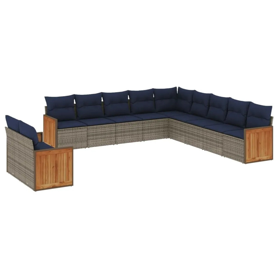 vidaXL 11-tlg Gartensofa-Set in U-Form mit Kissen, Grau und Blau, Polyrattan und Metallgestell - Bild 2