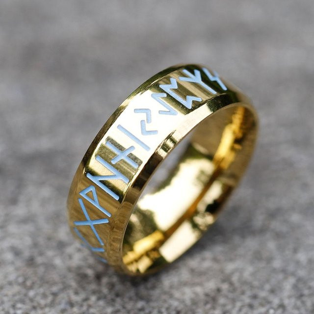 Lucky Star Jewelry Ring, Edelstahl, Gold, Blaue Runenbuchstaben, Herren - Bild 1