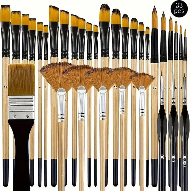 33-teiliges Kunstpinsel-Set mit Nylonborsten in verschiedenen Formen wie Rund, Flach und Fächer für Anfänger, Mehrfarbig - Bild 1