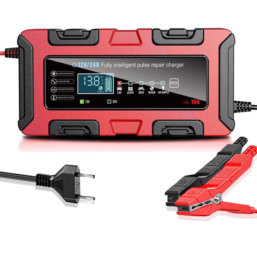 FOXSUR Intelligentes 10A Batterieladegerät für 12V/24V Lithium-Eisen, Blei-Säure und AGM Batterien in Rot - Bild 2